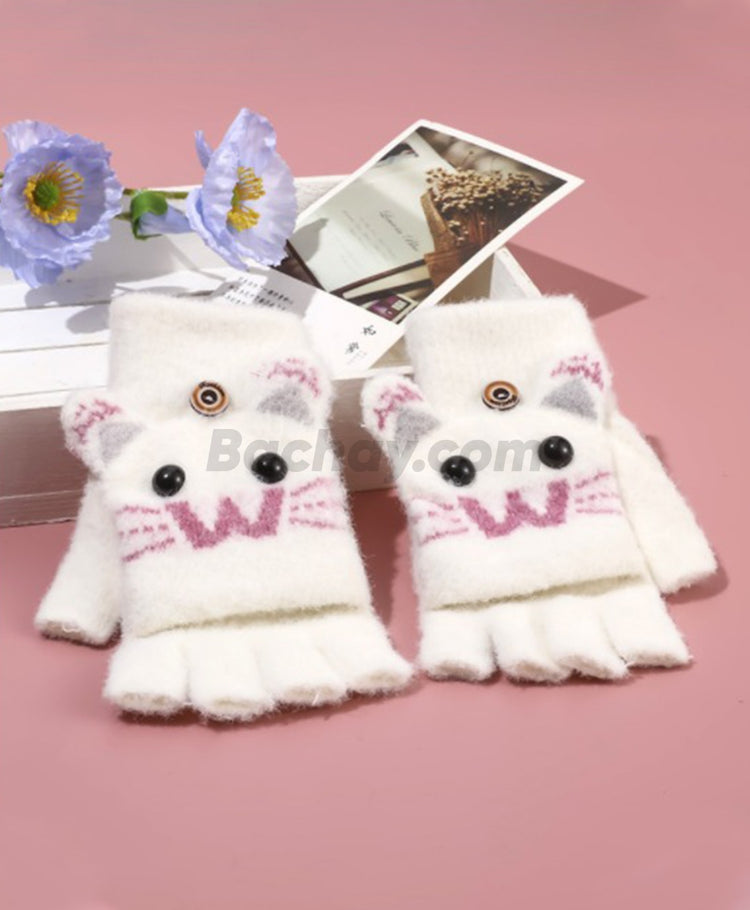 Cute Cartoon Half-Finger Knitted Gloves with Flip Cover