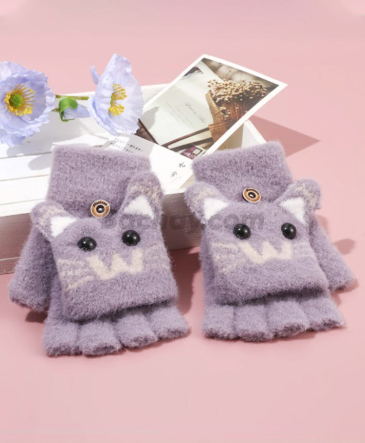 Cute Cartoon Half-Finger Knitted Gloves with Flip Cover