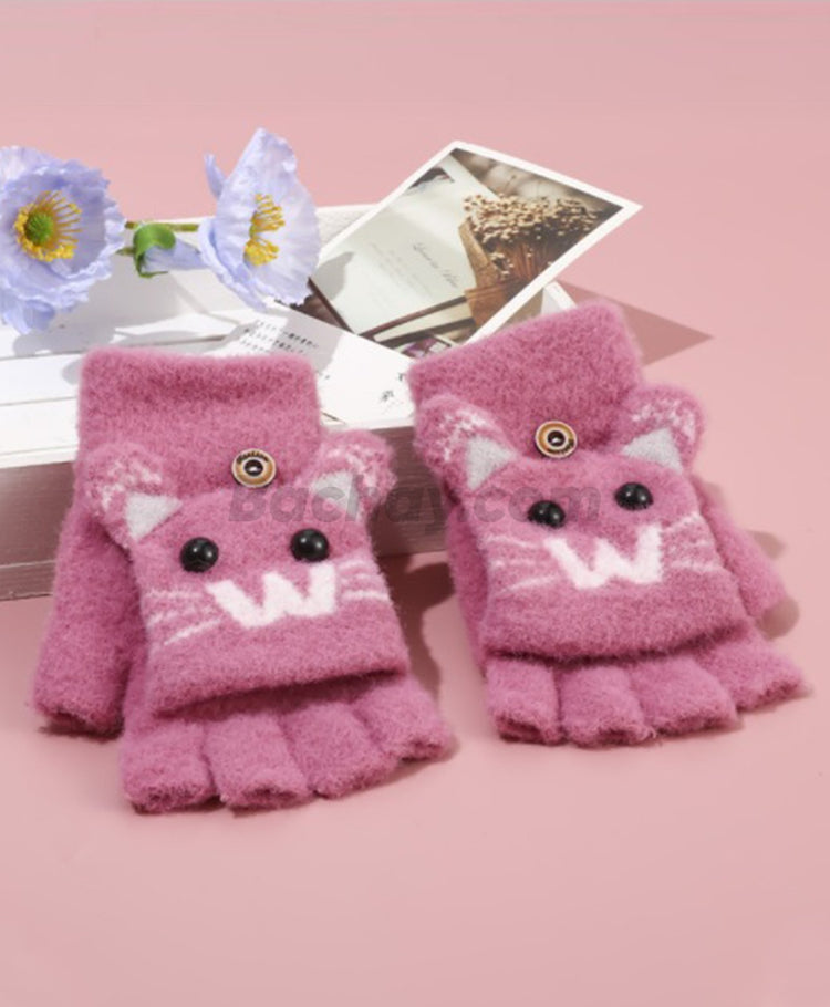 Cute Cartoon Half-Finger Knitted Gloves with Flip Cover
