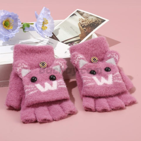 Cute Cartoon Half-Finger Knitted Gloves with Flip Cover