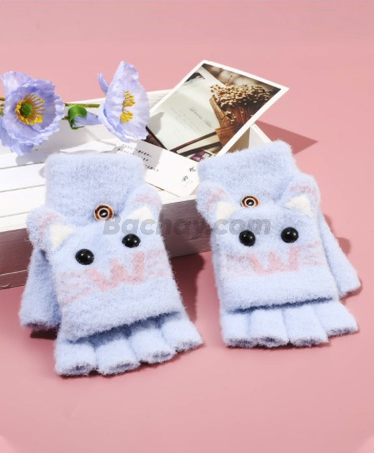 Cute Cartoon Half-Finger Knitted Gloves with Flip Cover