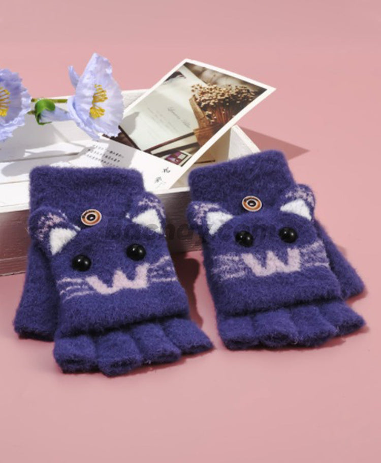 Cute Cartoon Half-Finger Knitted Gloves with Flip Cover