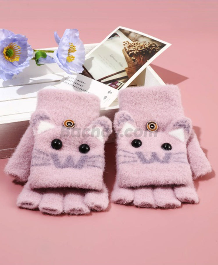 Cute Cartoon Half-Finger Knitted Gloves with Flip Cover