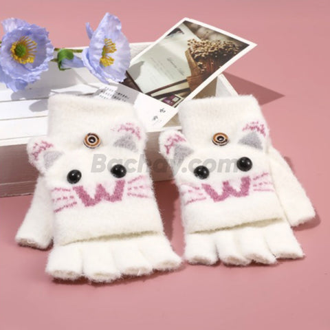 Cute Cartoon Half-Finger Knitted Gloves with Flip Cover